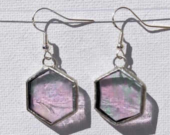 Hexagonal earrings, transparent iridescent glass feather.