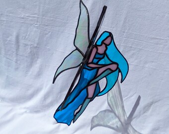 Mobile blue fairy in Tiffany stained glass. Stained glass suspended from window. Original decorative gift for the decoration of a window