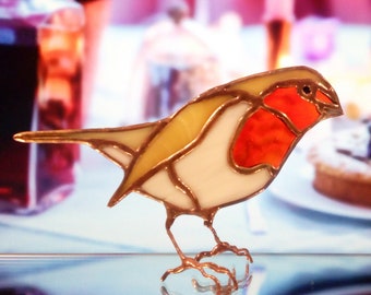 Christmas table ornament. Folk Christmas cottagecore décor for unique table, stained glass suncatcher robin for a natural decoration