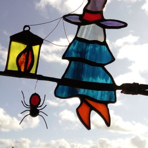 Spider and witch on her flying broom in tinted glasses. Tiffany stained glass Halloween sun catcher sculpture image 3