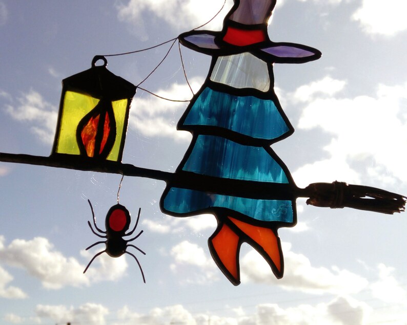Spider and witch on her flying broom in tinted glasses. Tiffany stained glass Halloween sun catcher sculpture image 3
