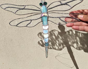 Dragonfly stained glass iridescent blue hanging window, wall art décor, glass sun catcher, window suspension.