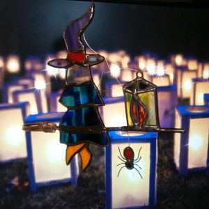 Spider and witch on her flying broom in tinted glasses. Tiffany stained glass Halloween sun catcher sculpture image 6