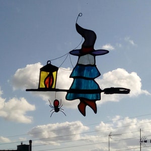 Spider and witch on her flying broom in tinted glasses. Tiffany stained glass Halloween sun catcher sculpture image 2