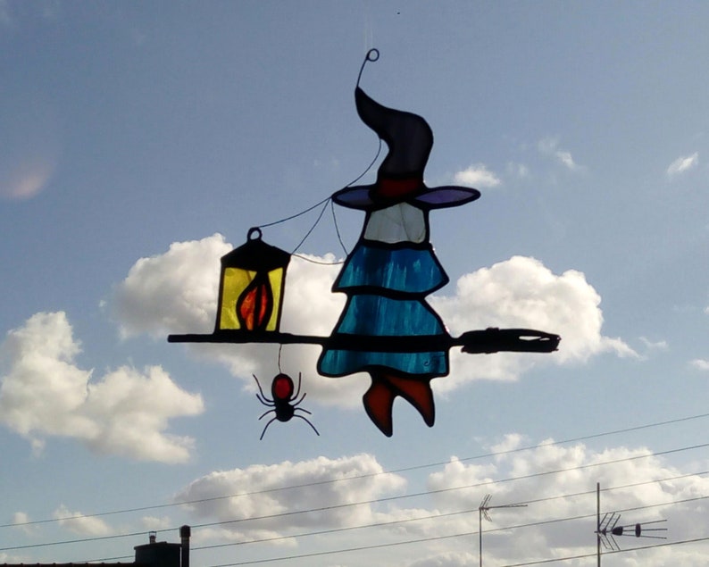 Spider and witch on her flying broom in tinted glasses. Tiffany stained glass Halloween sun catcher sculpture image 2