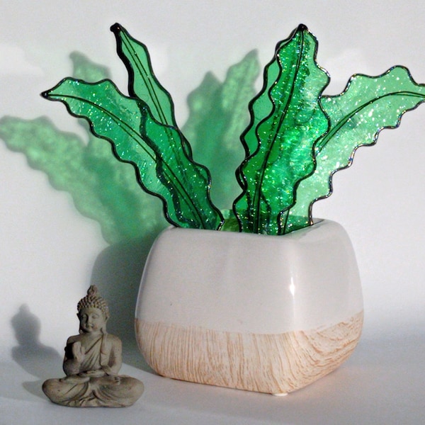 Cactus fishbone vitrail, ornement en verre pot de fleur. Cactus zig zag miniature fait-main. Décor plante de désert artificiel minimaliste.
