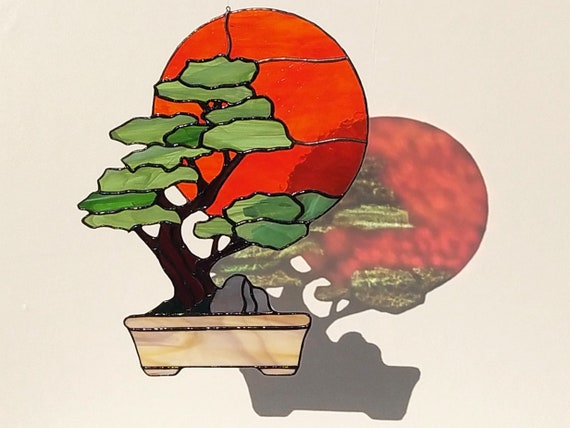 Vitrail bonsaï. Attrape-soleil tenture de fenêtre. Art mural zen verre colorés transparent.