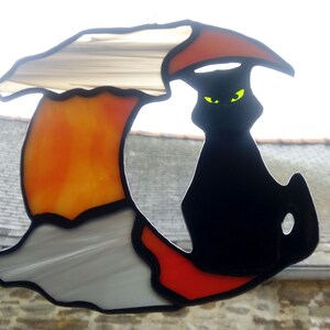 Halloween ornament stained glass décor. Black cat and red moon in colored glasses, miniature Halloween sun catcher in Tiffany stained glass image 6