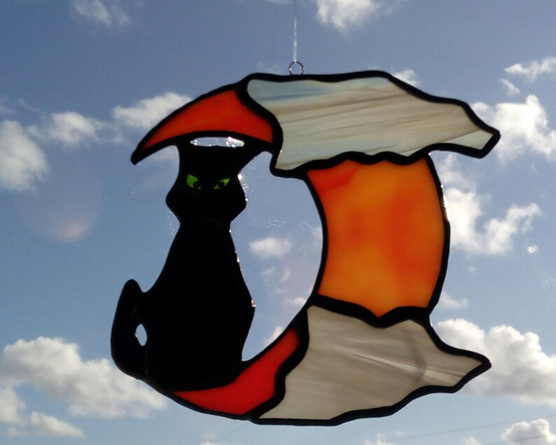 Halloween ornament stained glass décor. Black cat and red moon in colored glasses, miniature Halloween sun catcher in Tiffany stained glass image 1