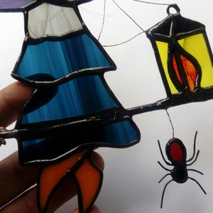 Spider and witch on her flying broom in tinted glasses. Tiffany stained glass Halloween sun catcher sculpture image 5