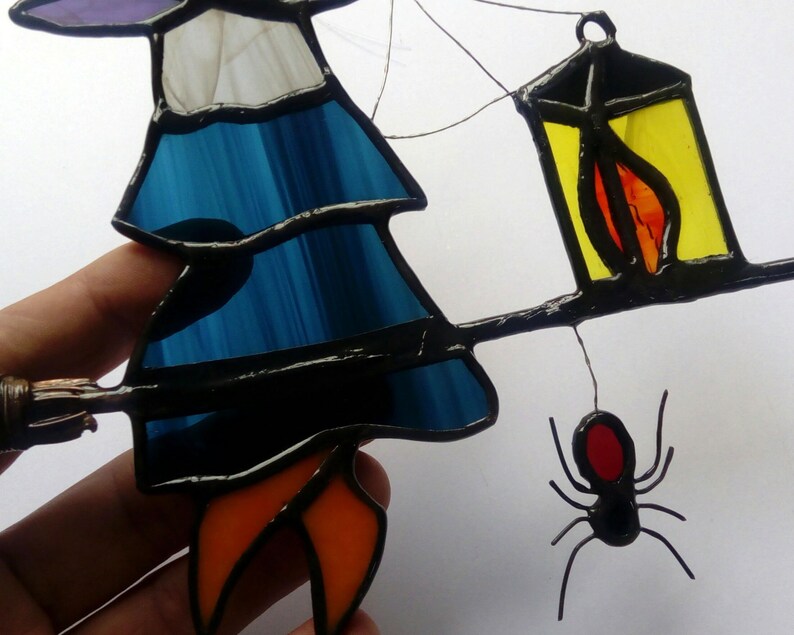 Spider and witch on her flying broom in tinted glasses. Tiffany stained glass Halloween sun catcher sculpture image 5