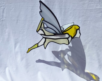 Mobile fairy in yellow Tiffany stained glass. Stained glass suspended from window. Original decorative gift for the decoration of a window