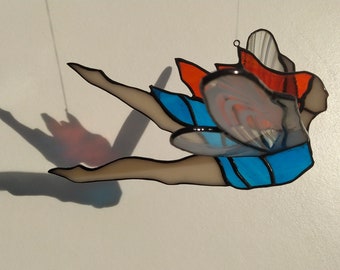Mobile blue and orange fairy in Tiffany stained glass. Stained glass suspended from window. Original decorative gift for the decoration of a window