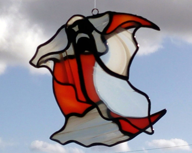 Ghost and red moon in colored glasses, miniature Halloween sun catcher assembled according to the Tiffany stained glass technique image 1