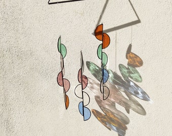 Contemporary wall art. Hanging organic suncatcher mobile in Tiffany stained glass. Window hanging, minimalist light catcher.