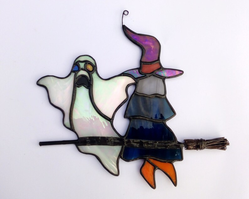 Ghost and witch on her broom in tinted glasses Halloween suncatcher sculpture assembled using the Tiffany stained glass technique image 2
