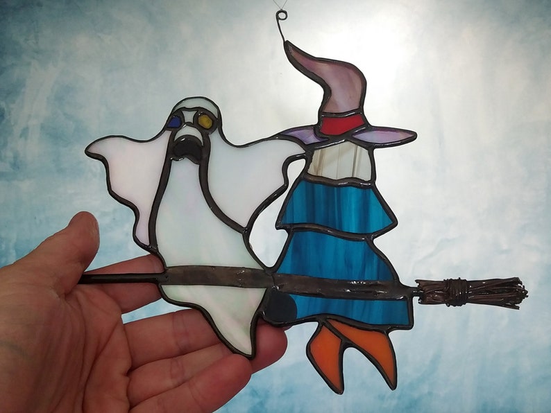 Ghost and witch on her broom in tinted glasses Halloween suncatcher sculpture assembled using the Tiffany stained glass technique image 5