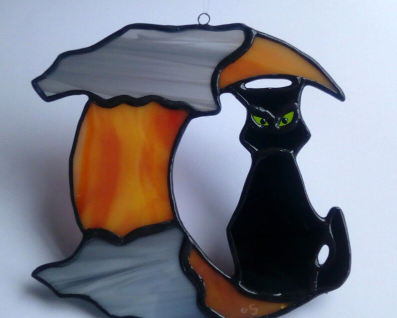 Halloween ornament stained glass décor. Black cat and red moon in colored glasses, miniature Halloween sun catcher in Tiffany stained glass image 5