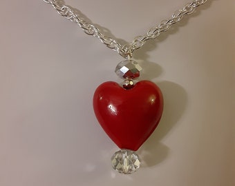 Silver plated  necklace with extension, lampshade glass red heart pendant