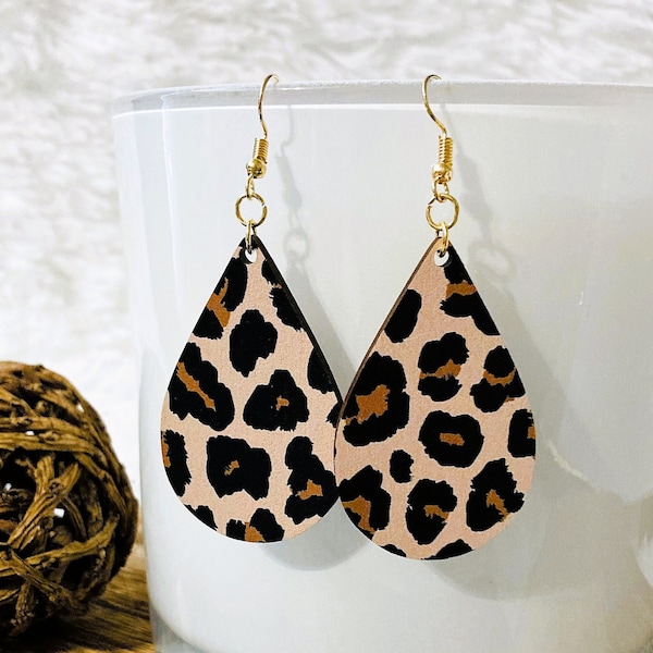 Leopard Print Wood Earrings | Women's Cheetah Laser Cut Earrings | Tiny to Oversized Earrings