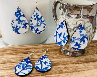 Wood Earrings White Blue Willow Laser Cut Tear drop dangle