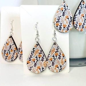 Whimsical Floral Wood Earrings Tear Drop