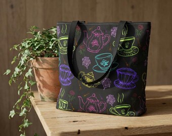 Enchanted Tea Time Tote Bag – Whimsical Teacup, Teapot Print Canvas Bag