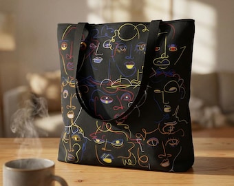 Colorful Abstract Faces Tote Bag | Line Art Portraits, Black Background