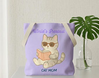 Cat Mom Tote Bag | Reading Cat Illustration, Lavender Field, Polyester Canvas