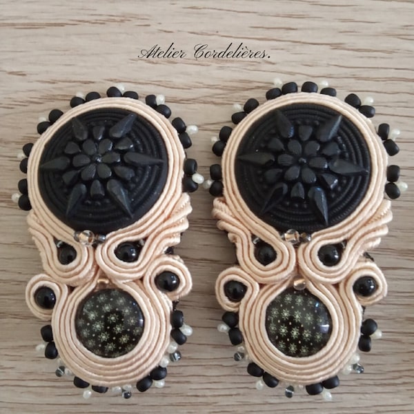 Barrettes à cheveux soutache, Ecru noir, idée cadeau