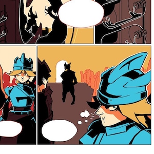 May include: Comic book page with a series of panels. The panels feature characters in action, with speech bubbles and dynamic poses. The color palette includes red, blue, orange, and black, creating a visually striking effect. The word "WHAT?!" appears in one panel.