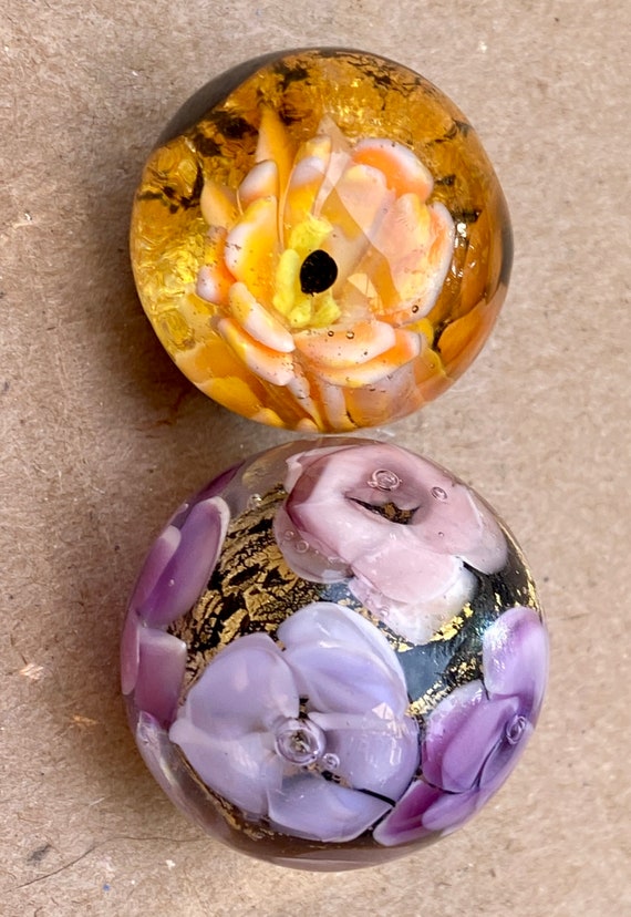 Handmade artisan glass collector's 2 pack marble of soft glass 104 COE, 24 KT gold foil, and dicro