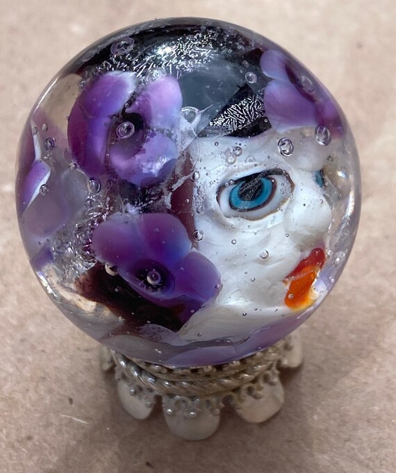 Handmade artisan glass collector's marble head Isabella, with lavender hair and purple flowers