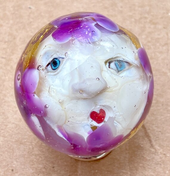 Handmade artisan glass collector's marble head Trina with diamonds and gold foil