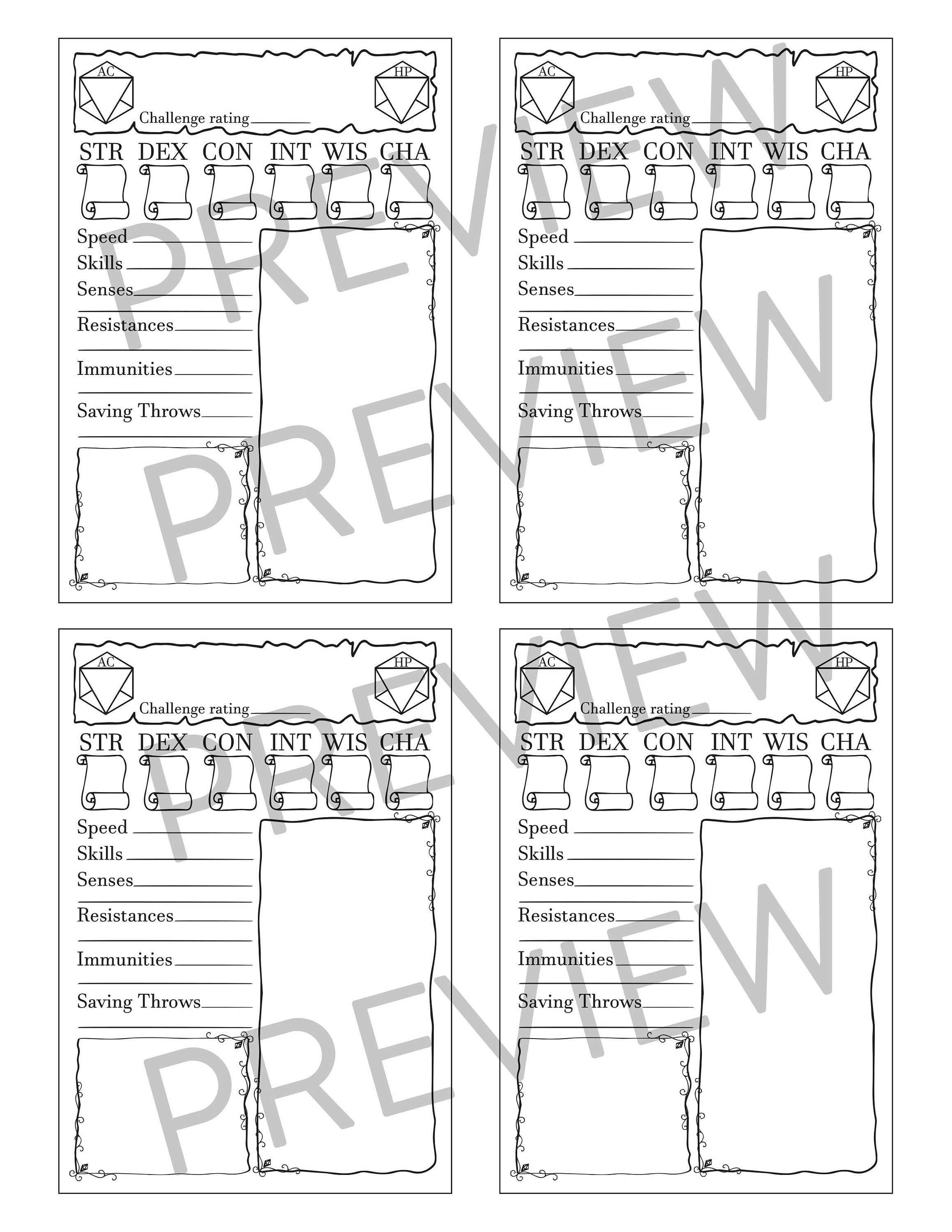 Printable Blank D&amp;D Stat Block Cards - Etsy