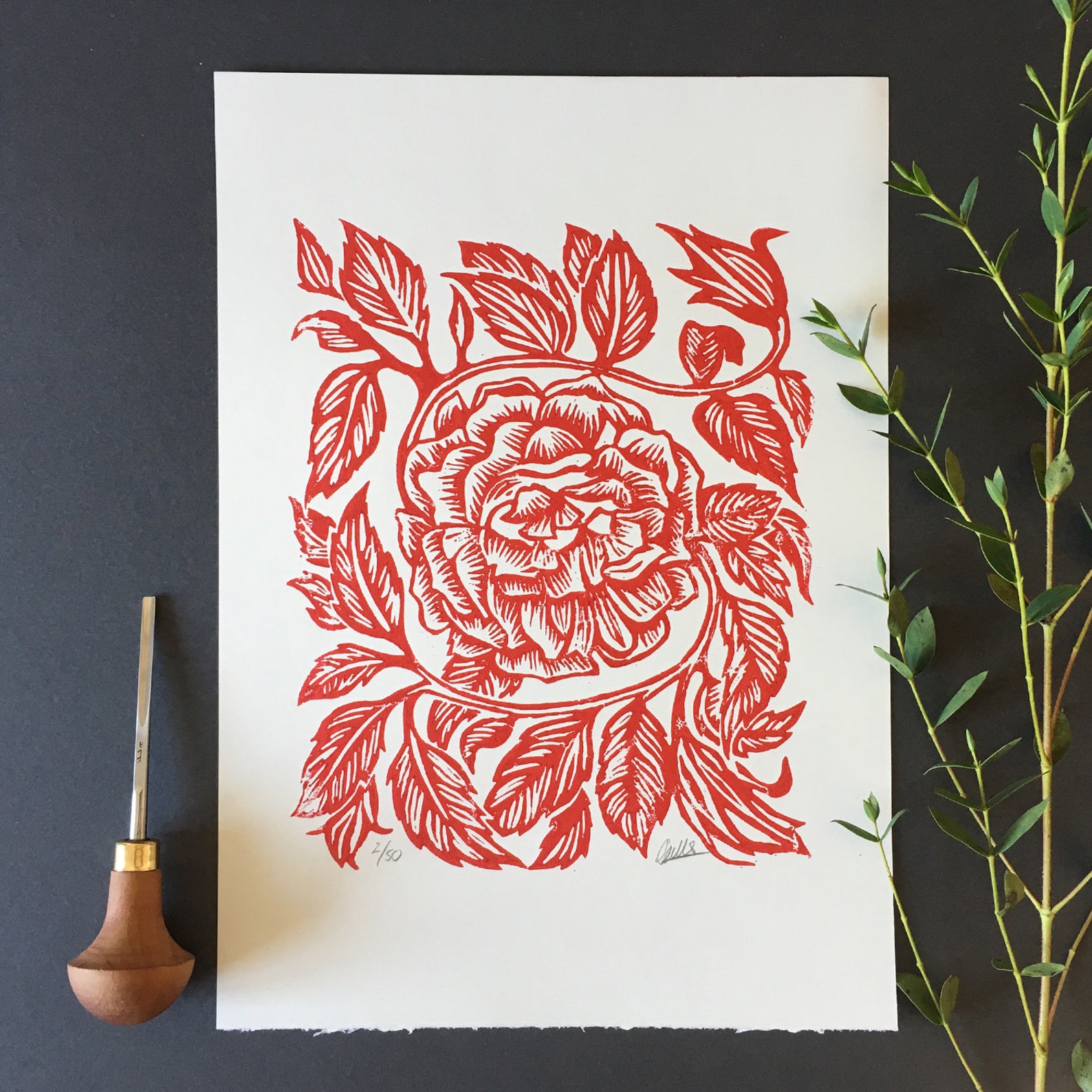 RED ROSE linocut Wall Art Botanical Roses Art Print Housewarming Gift