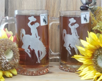 Wyoming Cowboys | Wyoming Gifts | Wyoming Cowboy | Bucking Horse | University Mug | Etched Beer Mug | Personalized Beer Mug | UW | 16 oz Mug