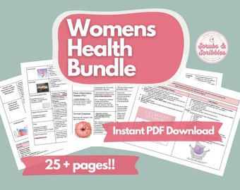Puede incluir: Un paquete de descarga digital rosa y blanco para la salud de la mujer. El paquete incluye más de 25 páginas de información sobre temas como la displasia cervical, la enfermedad inflamatoria pélvica y las etapas del parto. El texto "Womens Health Bundle" está en una fuente rosa grande.