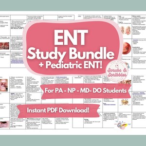 Puede incluir: Una guía de estudio rosa y blanca para ORL y ORL pediátrica. La guía se titula "ENT Study Bundle + Pediatric ENT!" y es para estudiantes PA-NP-MD-DO. La guía está disponible para descargar en PDF instantáneo.