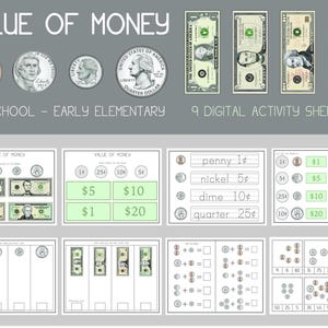 May include: Nine printable worksheets for teaching preschool and early elementary students about the value of US currency. The worksheets feature images of US coins and bills, including a penny, nickel, dime, quarter, $1, $5, $10, and $20 bills. The worksheets include activities such as counting coins, adding coins, and matching coins to their values.