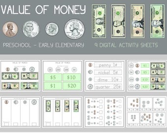 Geld Mathematte: US Währung, Pre-K Homeschool (Digitaler Download)