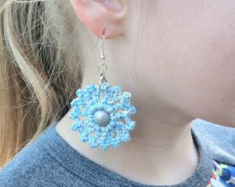 Handmade Crochet Earrings, Circular Drop Earrings, Circle Dangle Jewelry, Accessories for Her, Women's Silver Ear Rings, Gift for Woman