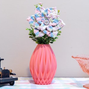 Crochet Flower and Vase, White or Pink Decorative Vase, Crocheted Floral Arrangement for Home Decor, 3d Printed Vase and Crochet Plant Art