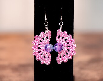 Handmade Crochet Earrings, Circular Drop Earring, Circle Dangle Jewelry, Accessories for Her, Women's Silver Ear Rings, Gift for Women