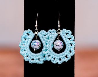 Handmade Crochet Earrings, Teardrop Drop Earring, Circle Dangle Jewelry, Accessories for Her, Women's Silver Bead Ear Rings, Gift for Woman