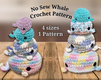 Crochet Whale Pattern, No Sew Patterns, 4 sizes in 1 pattern, No-Sew Crochet Patterns DIGITAL DOWNLOAD PDF