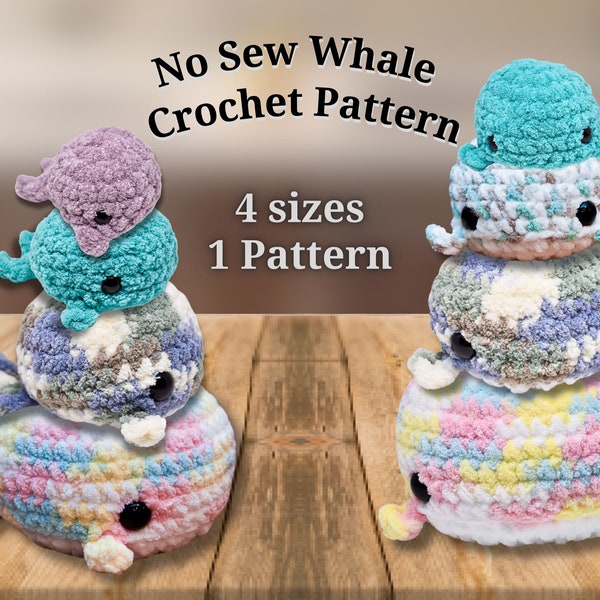 Crochet Whale Pattern, No Sew Patterns, 4 sizes in 1 pattern, No-Sew Crochet Patterns DIGITAL DOWNLOAD PDF