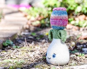 Crochet Flower Plush, Tulip Bulb Plushie, Garden Stuffed Animal, Amigurumi Handmade Fiber Art, Gift for Gardener, Crocheted Plants