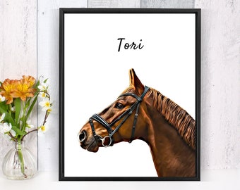 Custom Horse Portrait Print or Digital File | Personalized Pet Portrait Illustration | Christams gift | Printable Art | gift for mom or dad