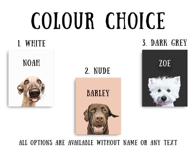 May include: Three different color options for a personalized pet portrait. The options are white, nude, and dark grey. Each color option shows a different dog breed with a name written above the dog. The text "ALL OPTIONS ARE AVAILABLE WITHOUT NAME OR ANY TEXT" is at the bottom of the image.